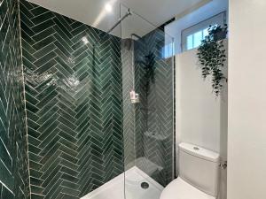 a bathroom with a toilet and a glass shower at Le Cabrol Grand studio Hyper centre WIFI 2ème étage in Rodez