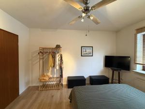 a bedroom with a ceiling fan and a bed and a tv at Schicke kleine Bude (Pretty tiny Flat) in Neuenkirchen