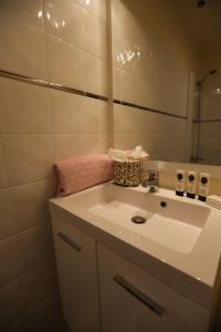 泰爾拉松的住宿－Maisons du Périgord Côté Vézère，浴室设有白色水槽和镜子