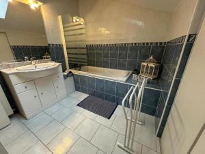 a blue tiled bathroom with a sink and a tub at Gîte des graverots in Aire-sur-lʼAdour +28 photos