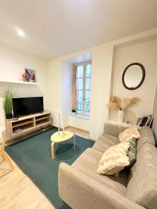 a living room with a couch and a tv at Le Cabrol Hyper centre WIFI 1er étage in Rodez