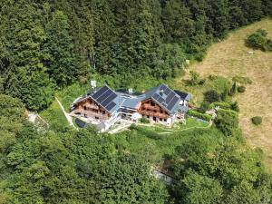 an aerial view of a house with a solar roof at Bergromantik Ferienwohnung Charisma mit eigener Sauna, Whirlpool und Bergblick in Marktschellenberg