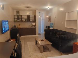 a living room with a black couch and a table at Legatus Cozy Studios B - Ongata Rongai Furnished Apartment with Swimming pool in Nairobi