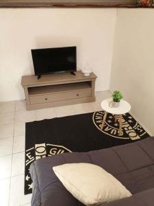 a living room with a tv and a couch and a table at Studio gare et commerces sur place in Nogent-lʼArtaud