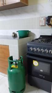 a kitchen with a stove and a green pot at KiQao in Nakuru