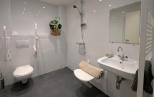 a white bathroom with a toilet and a sink at Ballumerhoeve Finn lodge in Ballum +12 photos
