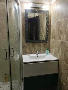 a bathroom with a sink and a shower with a mirror at Apartament Piatra Neamț Centru in Piatra Neamţ +2 photos