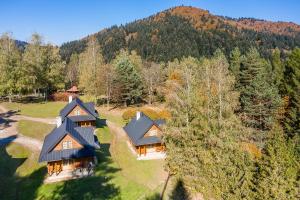 an aerial view of a house in the woods at Domki Bystre in Baligród