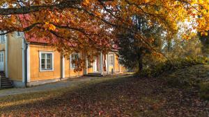 a yellow house with a tree in front of it at Kartanohotelli Artturi in Söderkulla