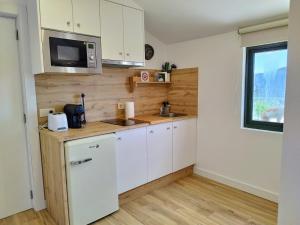 a kitchen with white cabinets and a microwave and a window at Alojamientos arans in La Cañiza