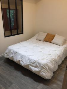 a large white bed in a room with a mirror at T2 Côté Jardin in Eysines