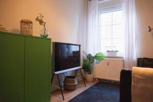 a living room with a green cabinet and a tv at JETHON Appartement in der Gasse 2 in Grimschleben