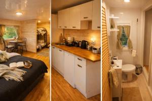 two images of a tiny house kitchen and a bedroom at Miodowy Zakątek Całoroczne Domki i Pokoje przy Suntago, Deepspot, Pyszne Śniadania, Grill in Mszczonów +152 photos