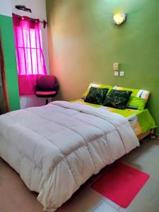 a bedroom with a large white bed with green walls at Green Appart 1 chambre et salon in Cotonou