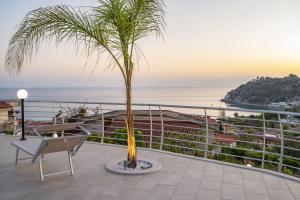 a palm tree and a chair on a balcony with the ocean at Villa Acquamarina, Family apartments with pool - 300 meters from the beach in Santa Maria