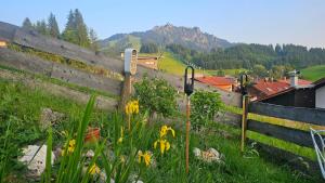 a garden with yellow flowers in front of a fence at Jungholz Erlebnis in Jungholz