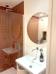 a bathroom with a sink and a mirror at CAVALOC T2 terrasse vue colline in Cavalaire-sur-Mer