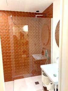 a bathroom with a shower and a sink at CAVALOC T2 terrasse vue colline in Cavalaire-sur-Mer +1 photo