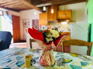 a vase filled with flowers sitting on a table at Le Refuge in Liernais