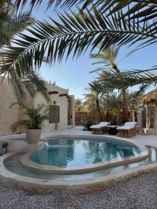 a swimming pool in a yard with a palm tree at Hidden Garden House in Siwa