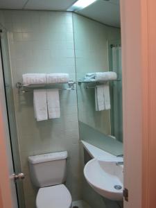 bagno con servizi igienici, lavandino e specchio di ibis Hong Kong North Point a Hong Kong