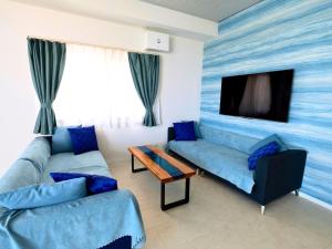 a living room with two couches and a tv at YUTO Ishigakijima in Ishigaki Island