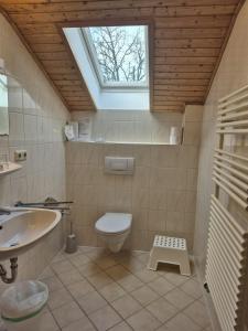 a bathroom with a toilet and a sink and a window at Pension Lex in Bad Reichenhall