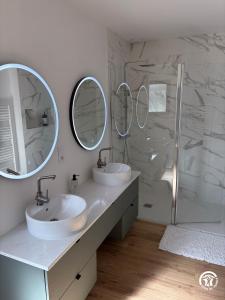 a bathroom with two sinks and two mirrors at Villa des Oliviers in Flavin +20 photos
