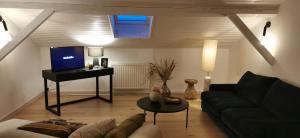 a living room with a couch and a tv at Chez Ariel et Myrtille in Bruyères