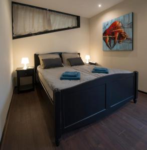 een slaapkamer met een bed met twee blauwe kussens erop bij Ghoyhuys in Leiderdorp