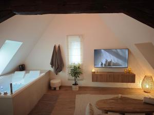 a living room with a tub and a tv on the wall at Slow Suite & Spa Erstein in Erstein
