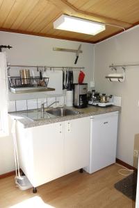 a kitchen with a sink and a counter top at Cabin with beautiful view in Kolmården