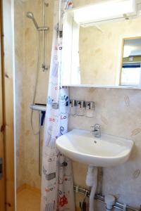 a bathroom with a sink and a shower with a mirror at Cabin with beautiful view in Kolmården