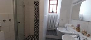 a white bathroom with a sink and a shower at BBZ Burg Weißensee in Weißensee