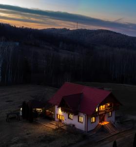 a house with a red roof on a hill at night at Cabana Apus de Soare in Râșca