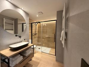 a bathroom with a sink and a shower at Apartamentos St.Anton Suites Benasque in Benasque