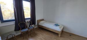 a room with a bed and two chairs and a window at Monteur und Messewohnung in Rodgau