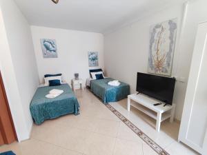 a room with two beds and a flat screen tv at Alenquer, Alojamento Santa Catarina in Alenquer