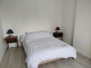 a bedroom with a bed with two nightstands and two lamps at Maison à L'île Grande in Pleumeur-Bodou