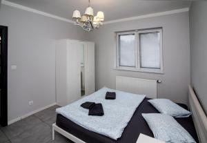 a bedroom with two beds and a chandelier at Mia Mia House in Katowice