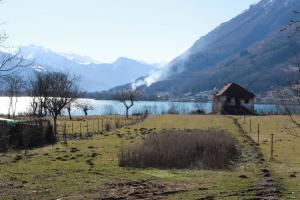 a field with a barn and a body of water at Apartments Kenan in Plav