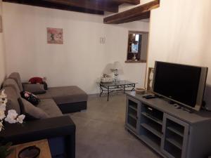 a living room with a couch and a flat screen tv at La Belle Noue in Bellenod-sur-Seine