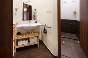 a bathroom with a sink and a shower at GLEDKA Apartament in Veliko Tŭrnovo