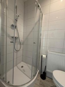 a shower with a glass door in a bathroom at Apartamenty Rybna 1 Centrum in Tarnów