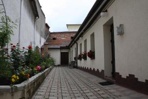 un callejón con flores y plantas al lado de los edificios en Casa Graef, en Brasov