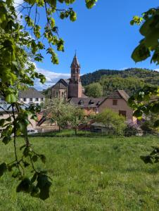 a view from a field of grass with a church at Maison Mycélia in Buhl