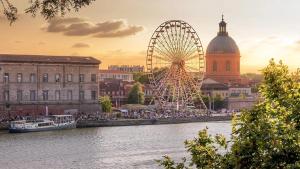 a ferris wheel in a city next to a river at La Planète 612 - Vue Capitole in Toulouse