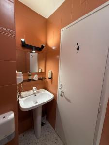 a bathroom with a sink and a white door at Logis Hôtel La Cascade - Lyon Nord in Saint-Genis-les-Ollières +11 photos