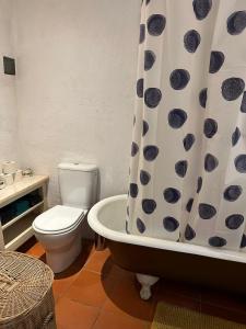 a bathroom with a toilet and a shower curtain at Quinta WOW in Benfeita