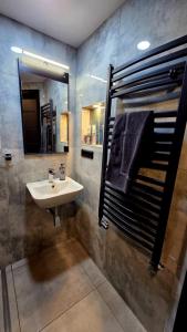a bathroom with a sink and a mirror at Pension Schwarze Pumpe in Spremberg +54 photos